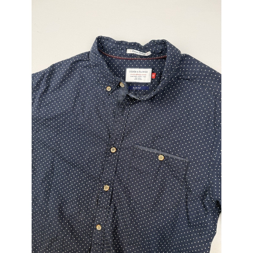 Denim & Flower Men's Blue Button Down Med Slim Fit Short Sleeve Polka Dot